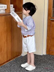 SHEIN Spring/Summer Young Boy Striped Long Sleeve Shirt With White Belted Shorts 2-Piece Set - Multicolor - View 7
