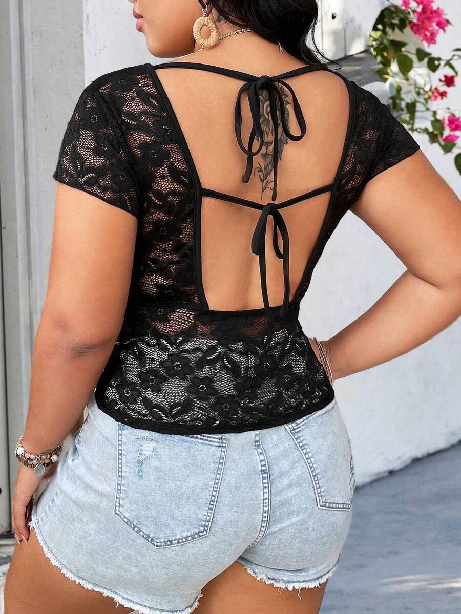 Celure Tapa De Cultivo De Encaje De Talla Grande Con Escote Pronunciado En V, Corbata Trasera Y Espalda Abierta - Negro - Ver 1