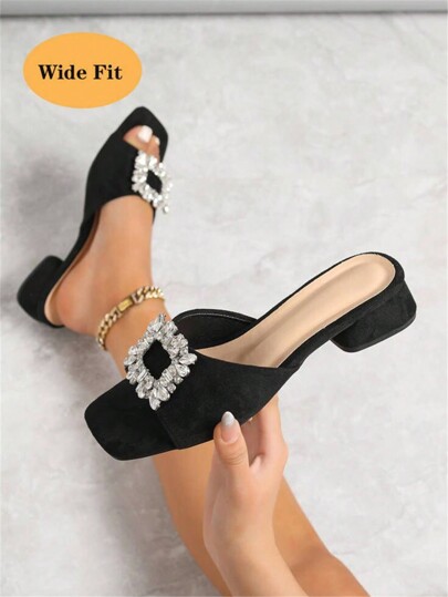 Women Wide Fit Summer New Arrival Mule Sandals With Rhinestone Decoration, Simple Style, Thick Heel, Slip-On Design, Plus Size