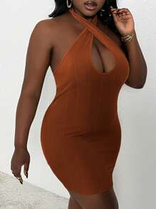 Slaydiva Cross Halter Neck Plus Size Bodycon Dress With Tied Straps