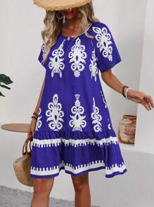 SHEIN LUNE Váy ngắn tay dáng rộng mùa hè có cổ tròn in đầy đủ, viền xếp nếp và váy loe - Nhiều màu - Xem 1