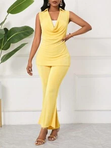 SHEIN Lady Ensemble deux pièces pour femmes : haut d'été à encolure drapée de couleur unie et pantalon évasé
