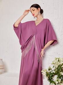 Al Najma Women Loose Turkish Style Long Shirt With Batwing Sleeves, Fringe Detail And Patchwork Kaftan Jalabiya Dress