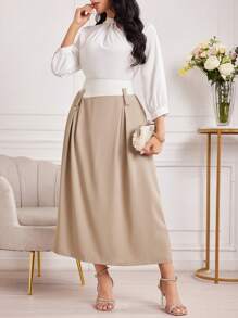 Modelyn 女式春夏時尚色塊褶裙連腰帶 - 卡其色 - 查看 7