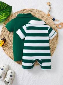 SHEIN 2pcs Cute Casual Color-Block Stripe Collared Short Sleeve Romper With Button-Front And Shorts For Baby Boy - Dark Green - View 2