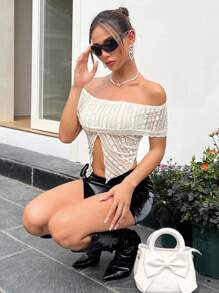 SHEIN ICON Y2K schlank geschnittenes Damen Top mit sehr weitem gefaltetem Off-Shoulder Design, Strukturstoff und gespaltener Untersaum mit spitzen Enden, Outfit für Sommerspaziergang oder Ausgehen