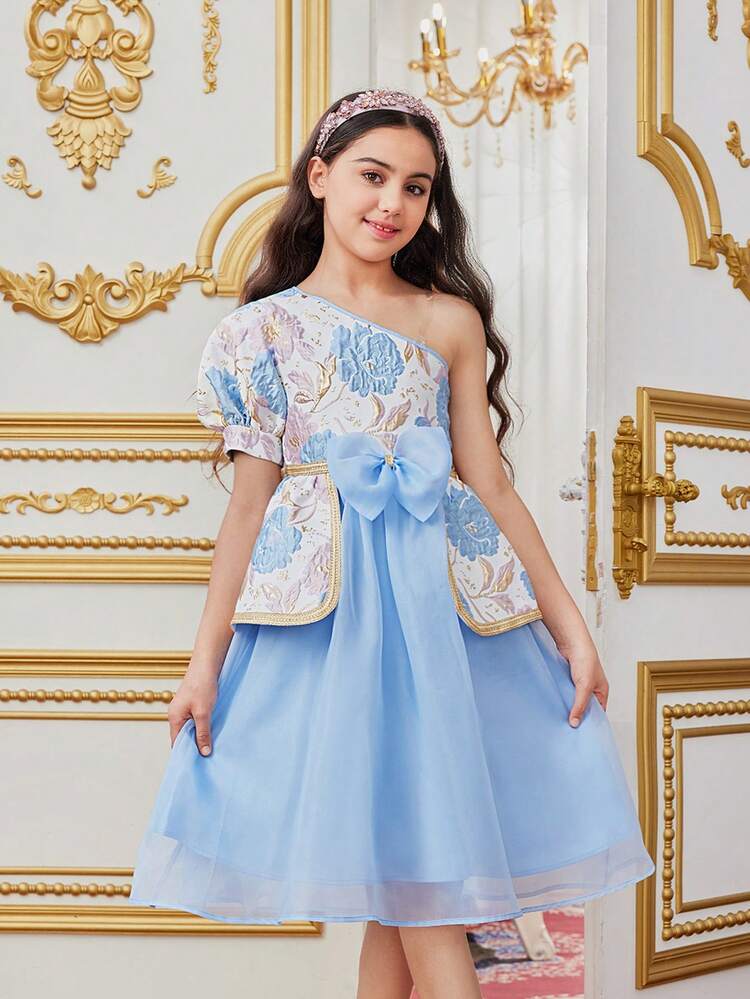 Tween Girls' One-Shoulder Puff Sleeve Tulle Dress With Oversized Bowknot And Jacquard Splice