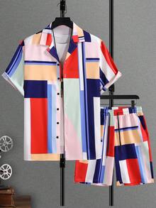 Manfinity Homme Bộ áo sơ mi ngắn tay và quần short họa tiết hình học cho nam mùa hè - Nhiều màu - Xem 3