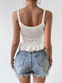 Chiquease Women Hollow Out Solid Color Knitted Cami Top - White - View 2