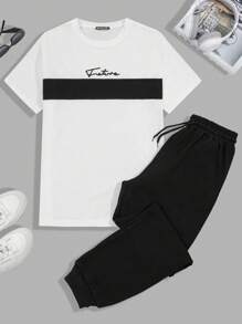 SHEIN Cottnline 100%纯棉男士拼色字母印花T恤和抽绳腰裤套装 - 彩色 - 查看 3