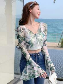 Dazy Designer 女士花卉印花度假風格短袖襯衫，配有波浪袖口和綁帶細節 - 彩色 - 查看 5