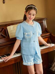 SHEIN Tween Girl Lace Butterfly Stud Princess Style Puff Sleeve Top And Shorts Set (Large) - Blue - View 4