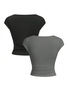 SHEIN Essnce 2入組女式緊身短袖T恤，帶領口，腰部折疊收緊 - 深灰色 - 查看 2