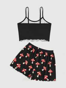 MFA ART STUDIO Sọ Và In Nấm Cami ngọn Và Quần short Bộ mặc nhà - màu đen - Xem 2