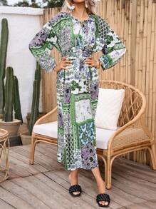 Aveloria Damen modisches Sommer-Ferienstil Zufallsdruck langes Ärmelkleid