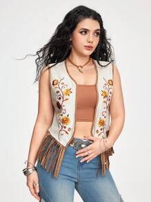ROMWE Hippie 嬉皮士复古花卉刺绣流苏下摆背心