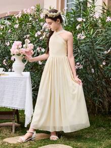 SHEIN Tween Girls Chiffon Halter Neck Flower Printed Wedding Season Long Dress - Champagne - View 6