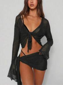 Flared Sleeve Tie Front Cover Up With Wrap Mini Skirt 2 Pieces Set - Black - View 1