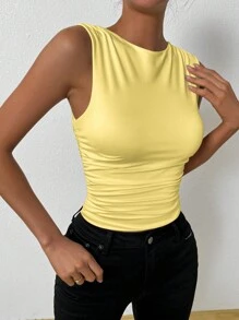 Chiquease Solid Color Pleated Slim Fit Tank Top For Summer - Yellow - View 5