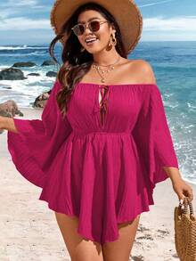 SHEIN Holidaya Cộng với kích thước màu trơn lệch vai Bộ áo liền quần viền bất đối xứng có dây rút - Màu Hồng Tươi - Xem 6