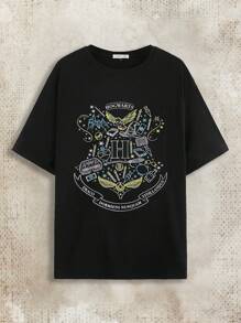 HARRY POTTER X SHEIN Plus Cartoon And Letter Graphic Drop Shoulder Tee, For Summer - Black - View 1