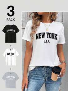 SHEIN LUNE Bộ 3 áo thun nữ cổ tròn tay ngắn in chữ New York USA, phù hợp cho mùa hè - Nhiều màu - Xem 5