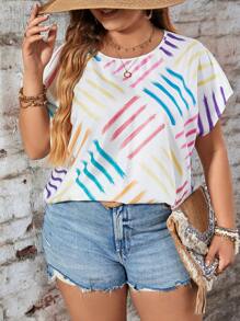 SHEIN LUNE Plus Size Summer Casual Round Neck Striped Printed Batwing Sleeve Loose Shirt - Multicolor - View 4