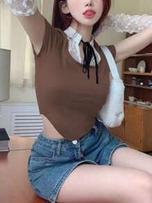 INAWLY Damska koszulka o krótkim kroju z koronkowym łączeniem 2 w 1, lato