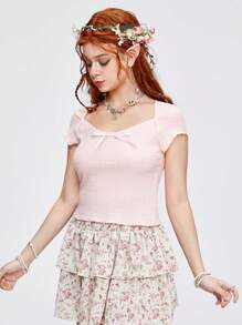 ROMWE Áo thun nữ Tương phản ren Xù nhỏ Thắt nơ trước màu trơn Giải trí - Hồng - Xem 3