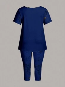 EMERY ROSE Ensemble 2 pièces Top à manches courtes col rond imprimé papillon et pantalon capri d'été décontracté pour femmes grande taille