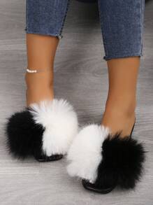 Women Fashionable And Comfortable Black Square Toe Open Toe Black And White Contrast Color Rabbit Fur Slip-On Flat Sandals, Thank You - Black and White - View 6