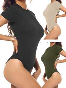 INAWLY Women's Summer Solid Color Short Sleeve Casual Bodysuit With Round Neck