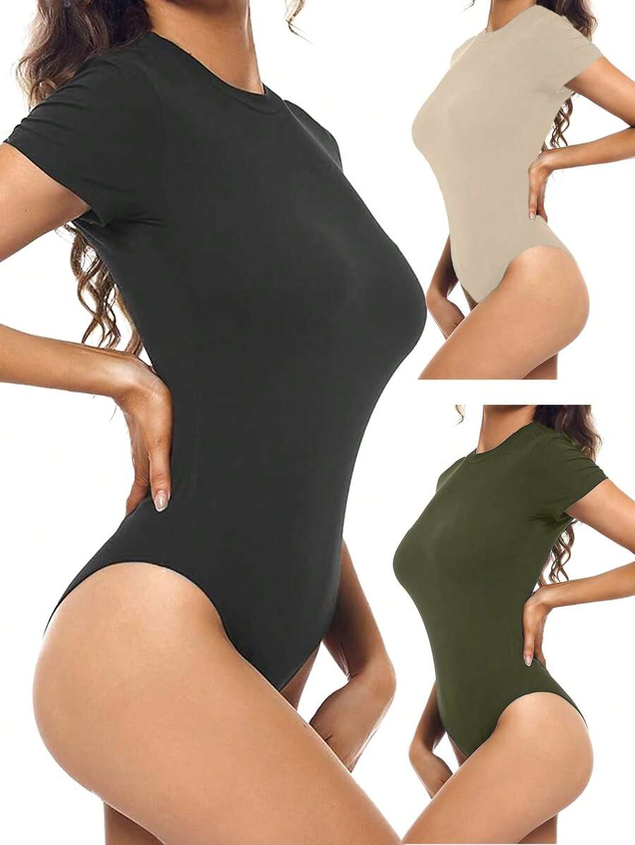 INAWLY Women's Summer Solid Color Short Sleeve Casual Bodysuit With Round Neck