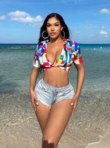 SHEIN SXY Summer Short Sleeve Ultra Crop Twist Front Shirt Beach Tops - Multicolor - View 1