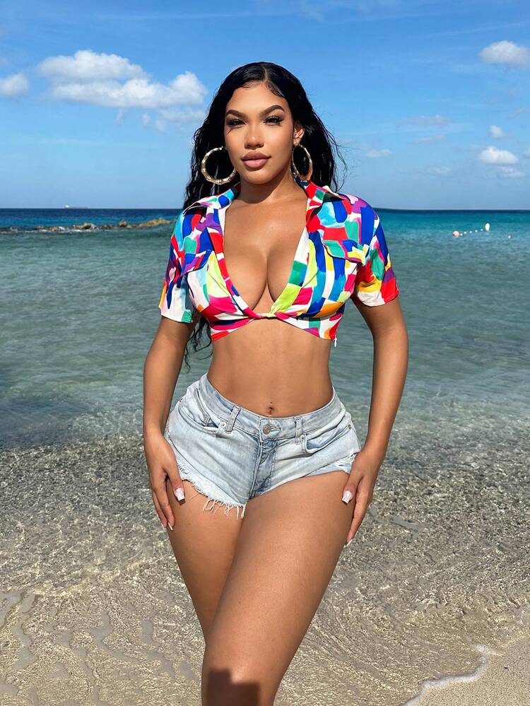 Summer Short Sleeve Ultra Crop Twist Front Shirt Beach Tops