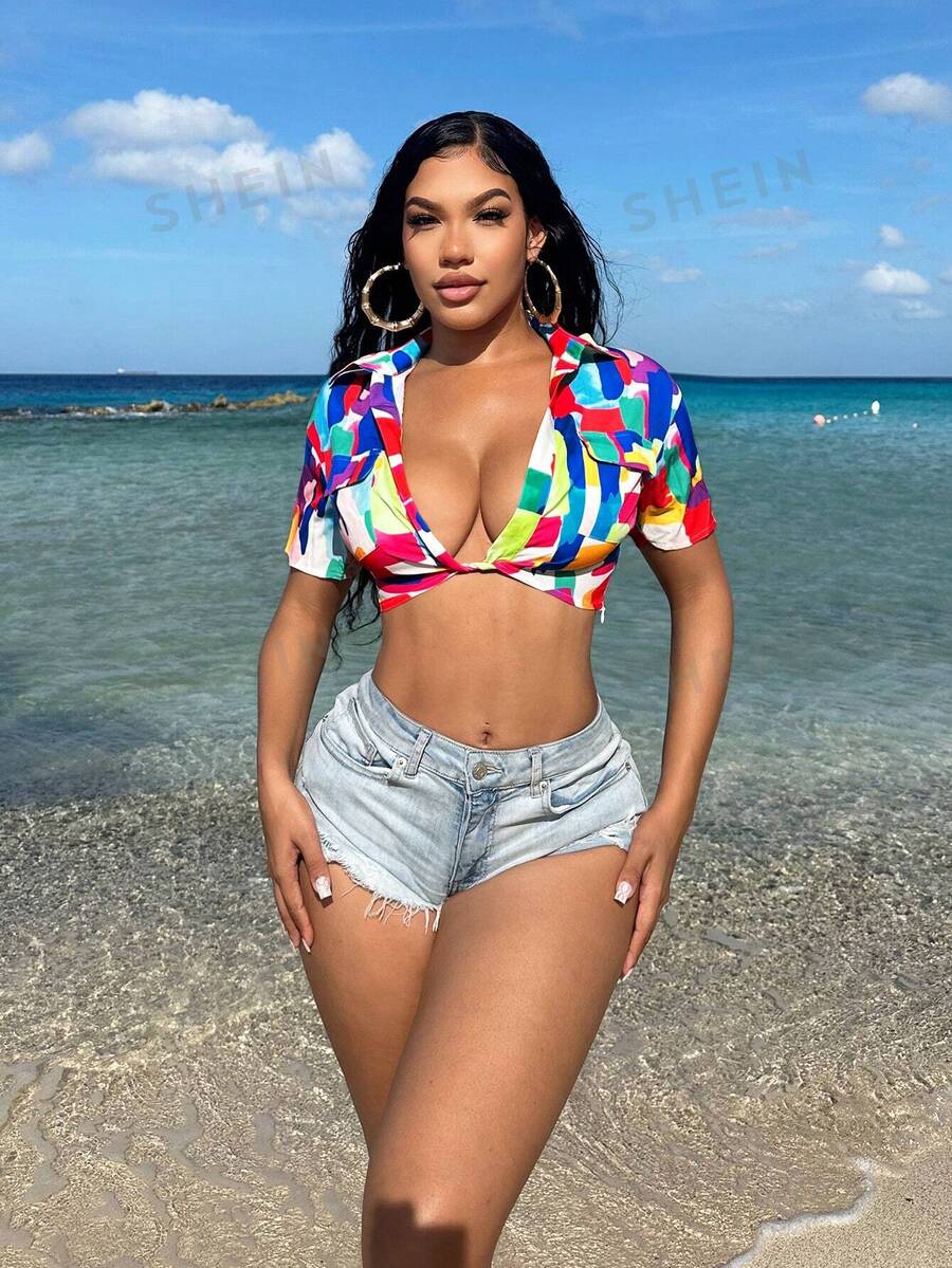 SHEIN SXY Camisa corta de verano con mangas ultra cortas y frente anudado con giros - Multicolor - Ver 1