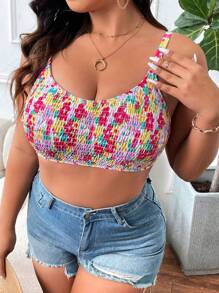 SHEIN Swim Curve 大码夏季海滩度假花卉印花无线泳装比基尼上衣 - 白色 - 查看 1