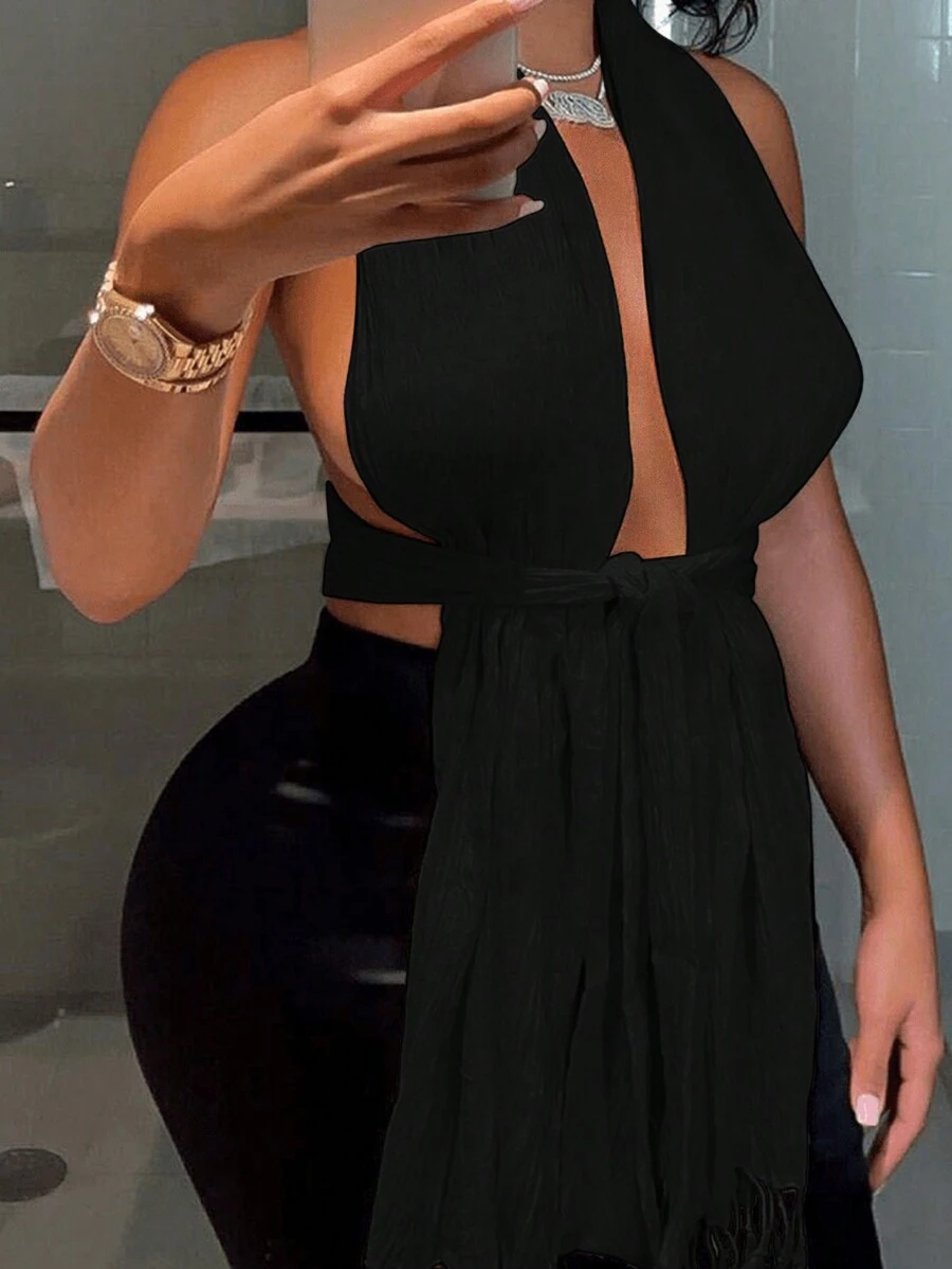 Slaydiva Haut De Soirée À La Mode Pour Femmes De Grande Taille Avec Multiples Options De Port Et Design De Dossier Ouvert - Noir - Voir 1