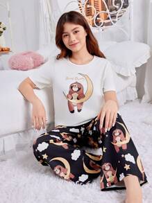 SHEIN Teen Girl 2pcs Koala Print Round Neck Short Sleeve Top And Long Pants Knitted Casual Sleepwear With Function Matching Set - White - View 6