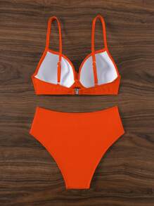 SHEIN Swim 實心鋼絲比基尼套裝泳裝，適用於度假，夏日沙灘 - 橘色 - 查看 8