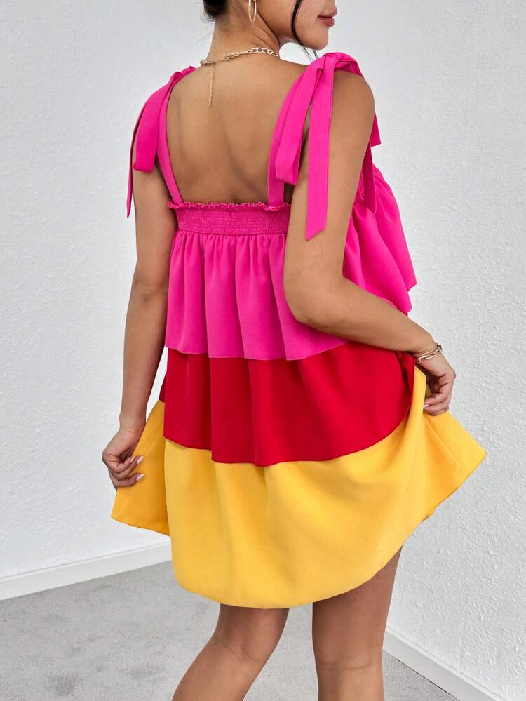 Multilayer Color Block Wide Strap Butterfly Tie Cami Dress For Summer