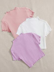 SHEIN EZwear 女士夏季流行針織T恤，有波浪邊的設計，多件套裝 - 彩色 - 查看 2