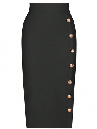 Girsdy 黑色优雅商务休闲纯色单排扣弹力高腰修身铅笔裙，修身版型，适合工作、日常休闲