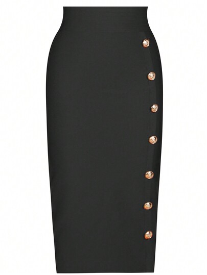 Girsdy Black Elegant Business Casual Solid Color Single-Breasted Buttoned Stretchy High Waist Bodycon Pencil Skirt, Slim Fit For Work, Daily Casual Spring