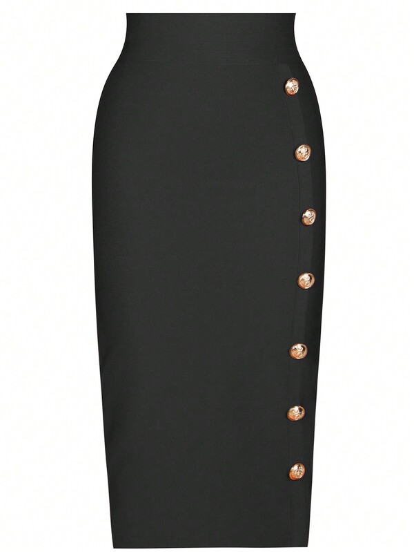 Girsdy Black Elegant Business Casual Solid Color Single-Breasted Buttoned Stretchy High Waist Bodycon Pencil Skirt, Slim Fit For Work, Daily Casual