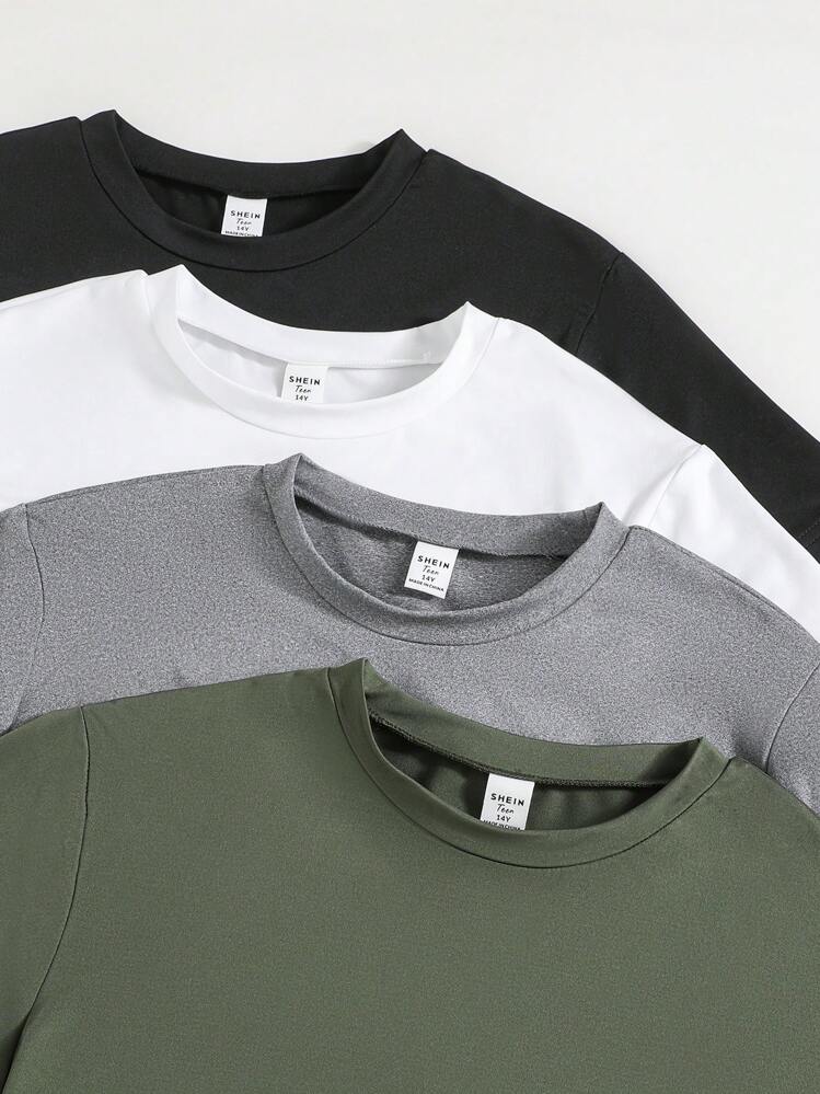 SHEIN Vacaura 4pcs/Pack Teen Boy Plain Colored Short Sleeve T-Shirt For Daily Wear, Classic Round Neck Design, Soft And Comfortable Teeholiday,Summer,Travel,Getaway, School, Campus, College - Multicolor - View 3