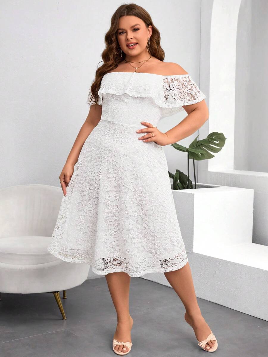 SHEIN Clasi 大码夏季露肩荷叶边蕾丝婚礼白色礼服 - 白色 - 查看 1