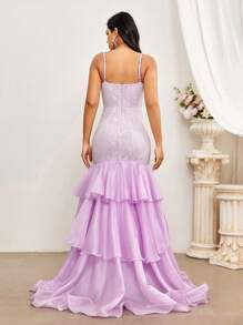 SHEIN Belle Elegante vestido ajustado con diseño de Body de sirena en estilo princesa con copa de pecho con tirantes spaghetti de tela de organza de encaje púrpura y ribetes de volantes de triple capa en el dobladillo y tirantes spaghetti para ocasiones formales de noche adecuado para ropa para padres e hijos para actividades de padres e hijos temporada de bodas temporada de graduación Día de la Madre festival de música fiesta formal de damas vestido de noche prom