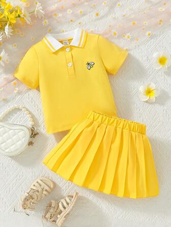 Baby Girls" Casual Polo Shirt With Bee Embroidery And Pleated Skirt Set For Summer