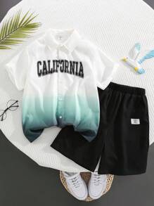 SHEIN Tween Boy Casual Streetwear Letter Printed Turn-Down Collar Short Sleeve Shirt And Solid Color Shorts Woven 2pcs/Set With Solid Color Knit Round Neck Tank Top, Multi-Pieces